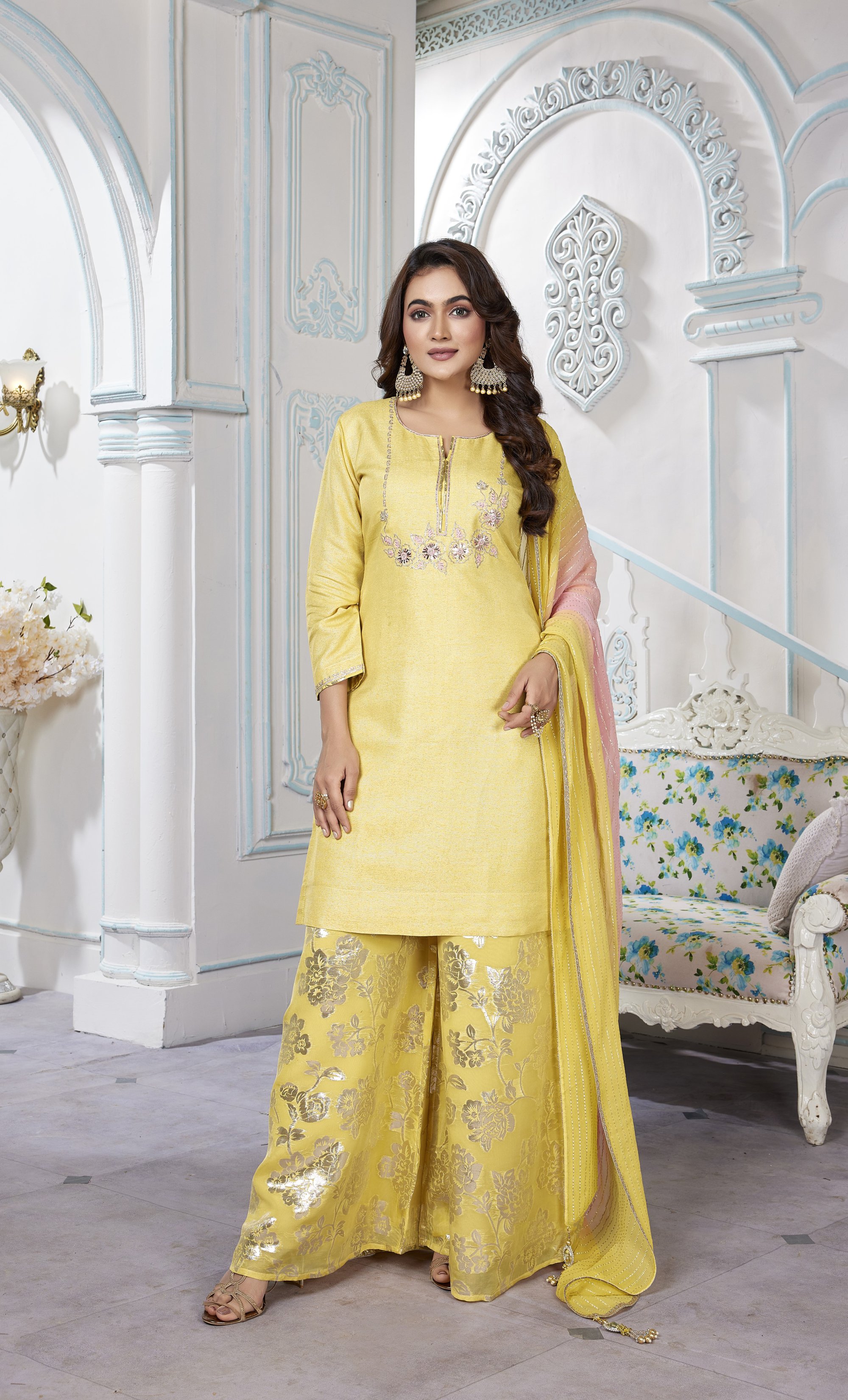 YELLOW TOP AND SILVER WORKED SHARARA 