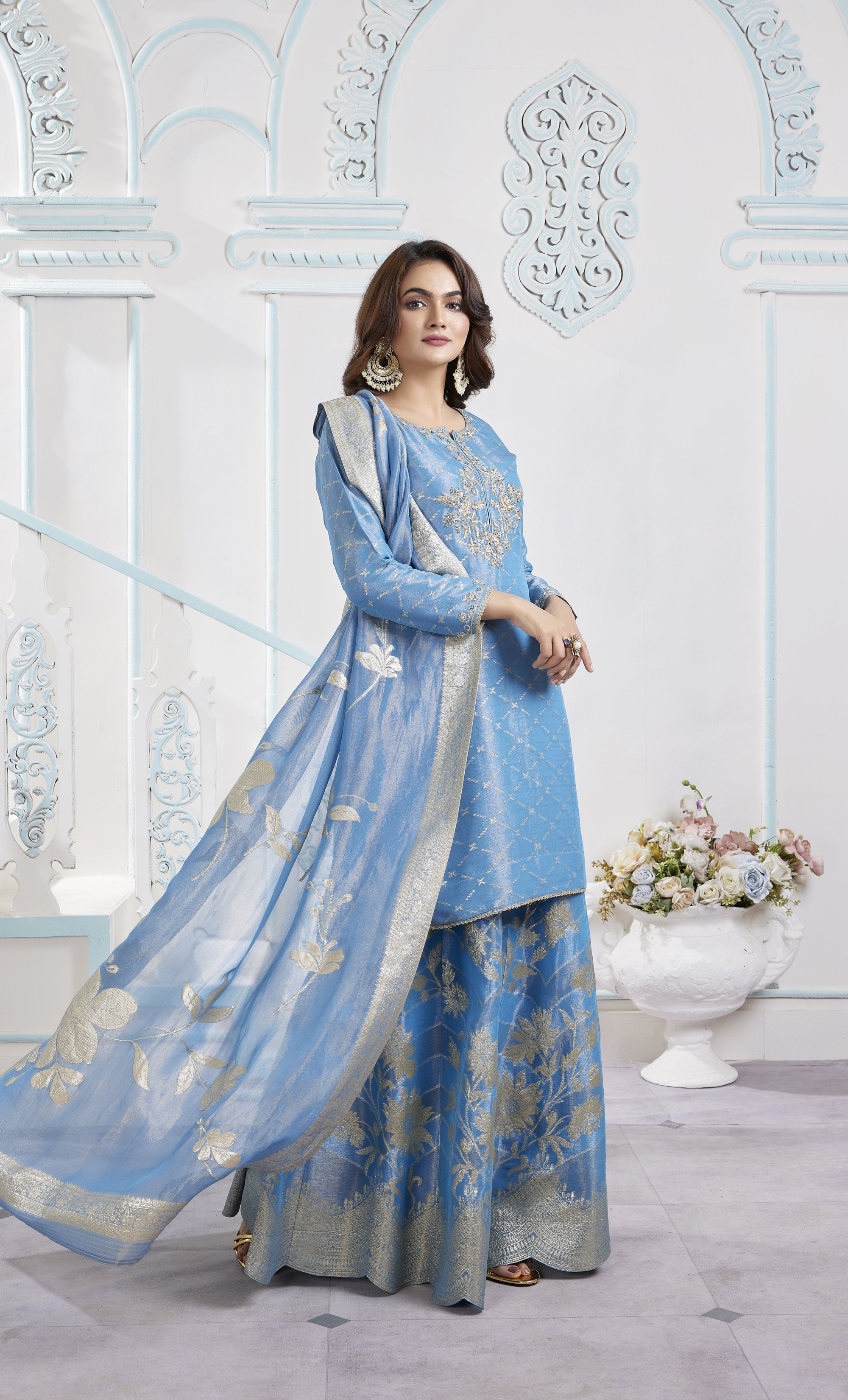 BLUE COLOURED BANARASI SILK SHARARA WITH SILK DUPA