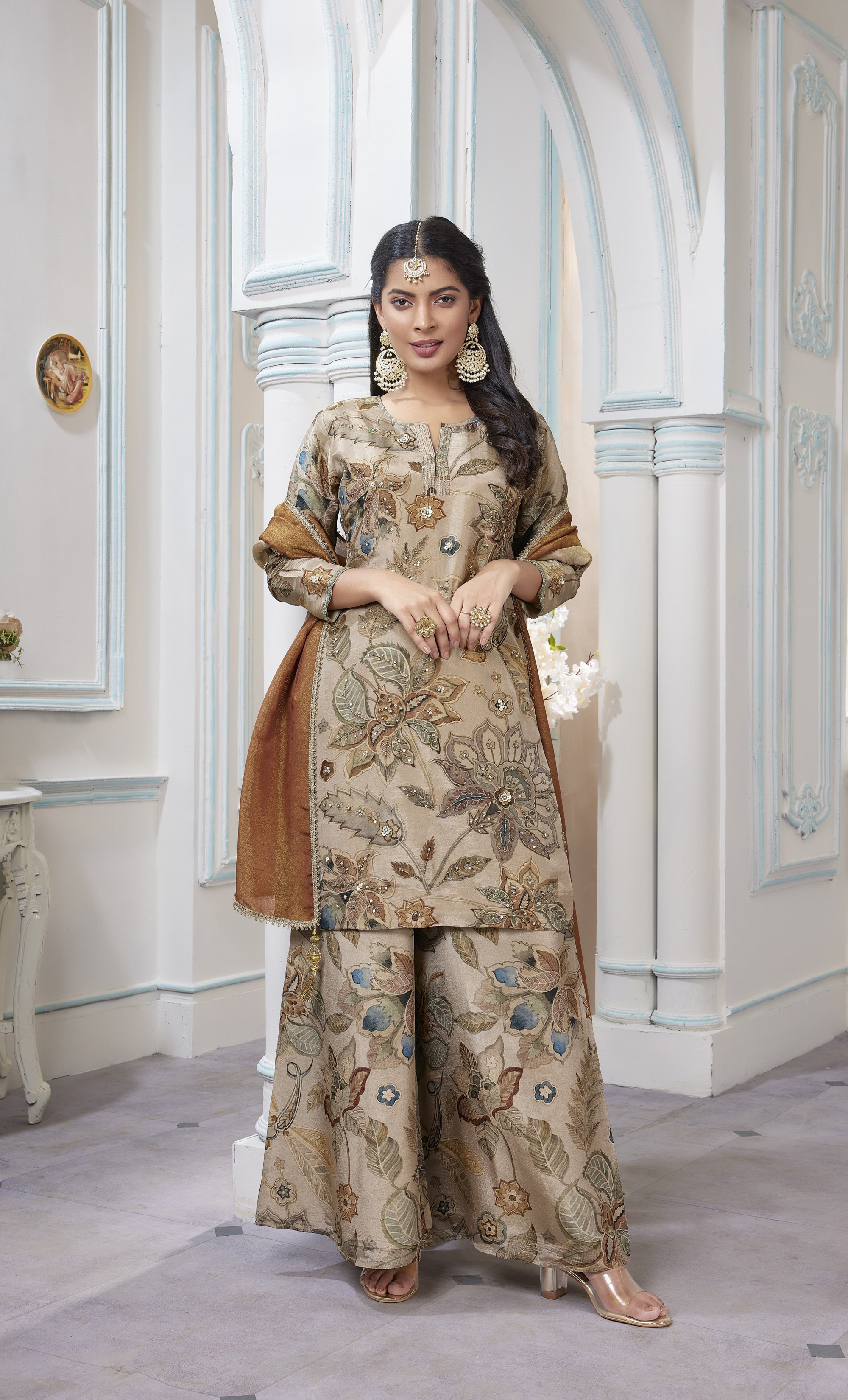 FLORAL PRINTED SHARARA IN BROWN COLOUR